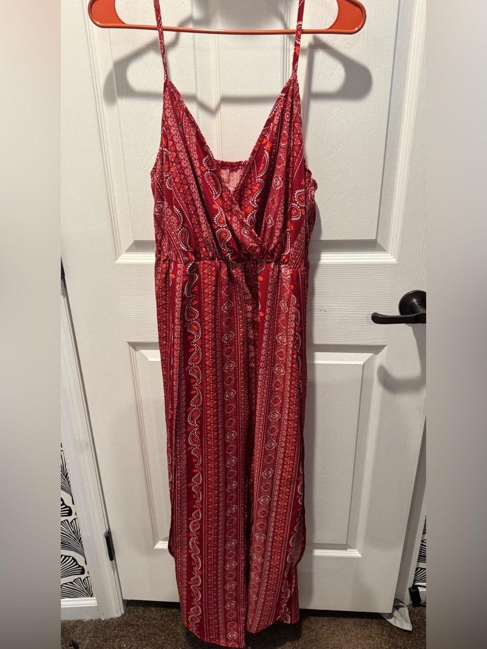 Women’s plus curve Red Paisley Surplice Maxi Jumpsuit Pants Romper split leg 0X